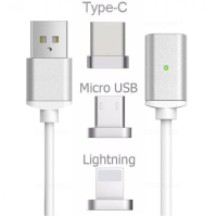 Magneettinen Latausjohto USB-C / Micro USB / Lightning Hopea