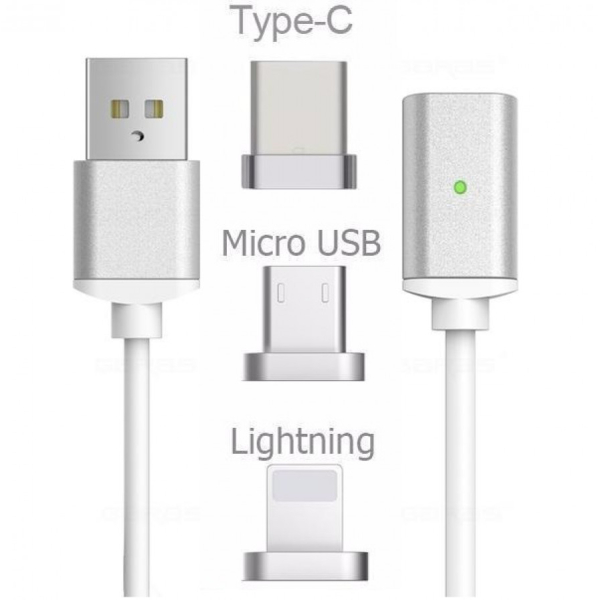Magneettinen Latausjohto USB-C / Micro USB / Lightning Hopea