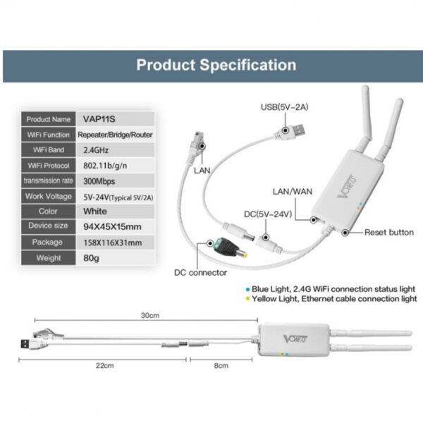 Vonets VAP11S 2.4G 300Mbps WiFi-toistin, 5V - 24V autokäyttöön, 2 antennilla, 5V USB - Image 2