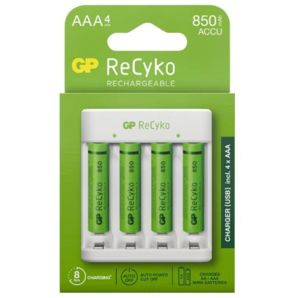GP Laturi + 4x AAA 850mAh NiMH akkuparisto, laturi lataa myös AA paristot