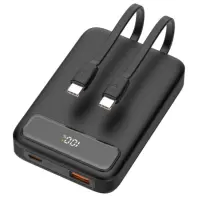 Deltaco varavirtalähde 10 000 mAh, 2 kiinteää USB-C-kaapelia, PD 20 W, musta