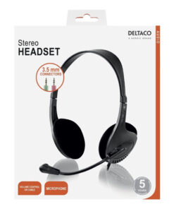 Deltaco Stereo headset, 2x 3.5mm, mikrofoni & äänensäätö, 2,5m johto, musta
