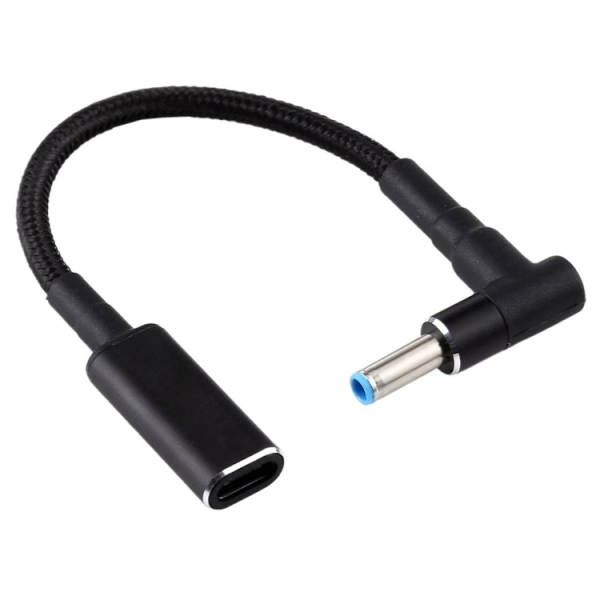 Smartte PD 100 W 18,5–20 V 4,5 x 0,6 mm kulmaliitin -> USB-C / Type-C -sovitinkaapeli nailonpunoksella HP